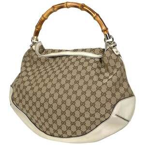 Gucci Bamboo Handbag with GG Pattern, One-Shoulder Bag, Canvas, Beige, White,...
